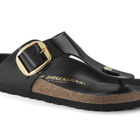 Birkenstock Gizeh Big Buckle Glossy Black Sandals with Gold Accent - Picture 1 of 7